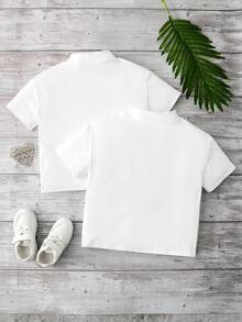 SHEIN Genkimix Kids 男童休闲纯色短袖衬衫短裤套装（2件套），适合日常休闲、度假、运动、上学、户外活动、夏季穿着。 - 白色 - 查看 2