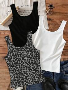 SHEIN EZwear 3pcs Pack Casual Solid Color & Leopard Print Camisole Tops, Suitable For Summer,Summer Top - Multicolor - View 2