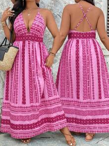 SHEIN VCAY Plus Size Pink Digital Print Fitted Waist Vacation Style Deep V-Neck Halter Backless Tie Dress - Hot Pink - View 1