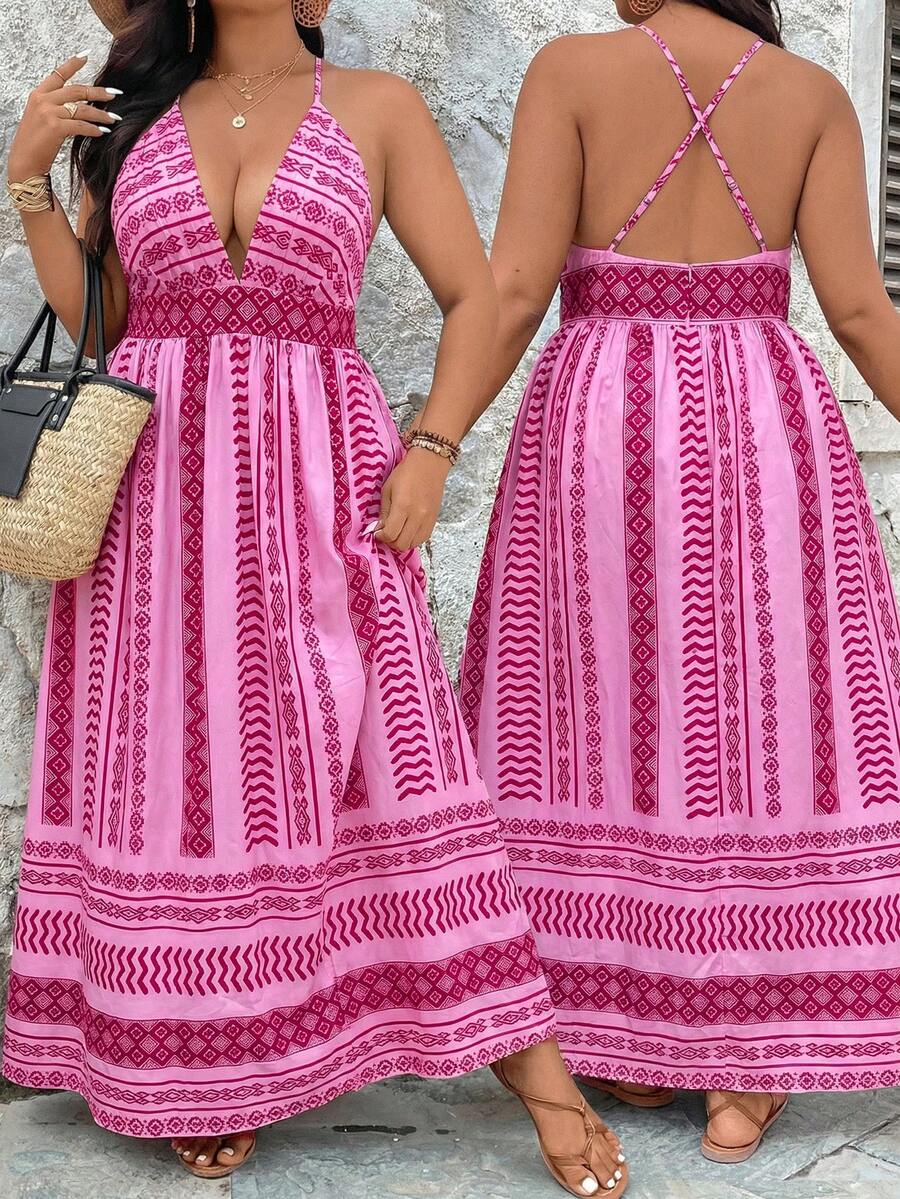 SHEIN VCAY Plus Size Pink Digital Print Fitted Waist Vacation Style Deep V-Neck Halter Backless Tie Dress - Hot Pink - View 1