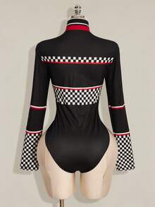 SHEIN ICON Body de mujer talla grande con estampado a cuadros de estilo de carreras, rojo ajustado - Negro - Ver 2