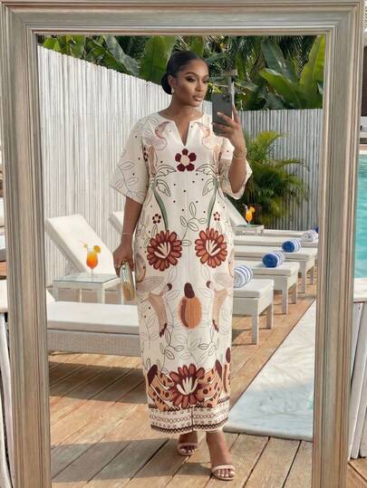 SHEIN Lady CURVE Vestido casual sin mangas con cuello en V y estampado floral para mujer de talla grande