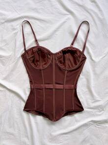 Soleia Sexy Retro V-Neck Asymmetrical Hem Fitted Women's Camisole, Suitable For Palace, Nightclub, Bohemian, Boho, Vacation, Vintage, Holiday - Brown - View 5