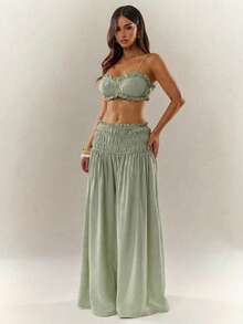 Radiana 女士夏季性感优雅休闲鼠尾草绿亚麻质感两件套，文胸上衣+阔腿裤，荷叶边褶皱柔软飘逸度假装，休闲套装，适合休闲外出、海岛度假、海滩、节日、音乐会等场合。 - 綠色 - 查看 3