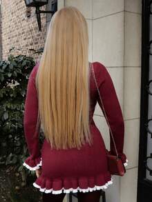 Elenary Edit 时尚荷叶边下摆女士毛衣连衣裙，适合约会和度假穿着 - 酒紅色 - 查看 2