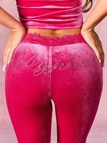 BABYPHAT Women's Velour Flare Leggings With Lace Waist Detail And Rhinestone Embellishments Pink Luxurious Wide Leg Pants For Cozy Comfort - Pink - View 4