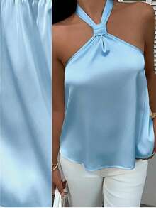MainGRL Old Money Sleeveless Blue Satin Camisole, Regular Hem, Solid Color Design, Open Shoulder Top - Blue - View 6
