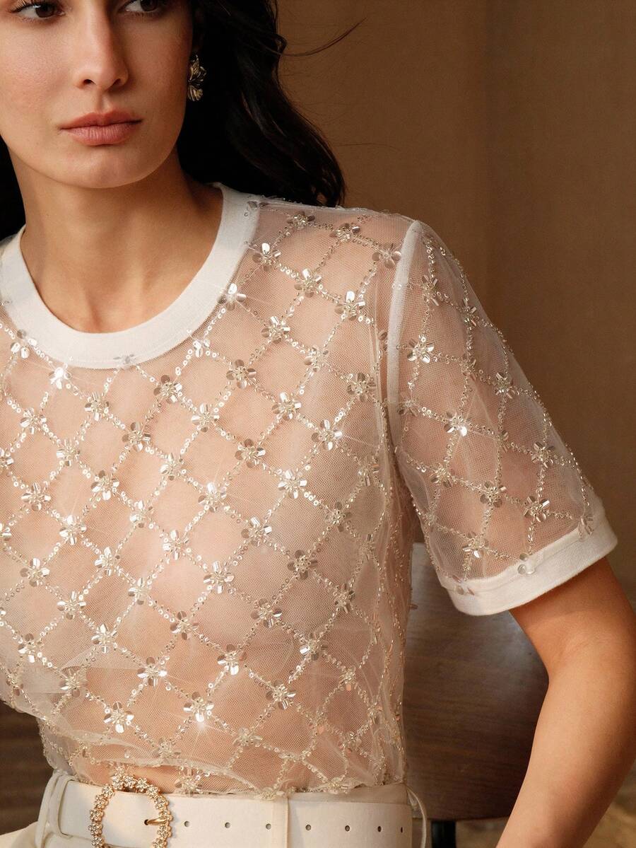 Anewsta 高品质时尚夏季新款沙滩度假甜美性感亮片串珠透视网纱短袖上衣，修身格子印花圆领标准尺码T恤 - 白色 - 查看 1