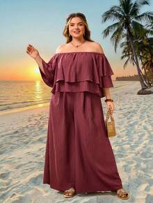SHEIN CURVE+ Plus Size Women Holiday Solid Color Ruffle Off Shoulder Blouse And Wide Leg Pants Set Beach Vacation Outfits Woman 2 Piece Plus Size Summer 2 Piece Set Beach 2 Piece Set - Mauve Purple - View 8