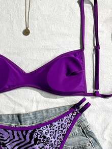 Swim Vcay Random Print Wireless Adjustable Strap Top And Swim Shorts Women Summer Beach Holiday Bikini Set - Purple - View 4