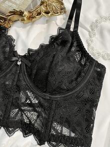 2pcs Lace Contrast Mesh Underwire Bra Set For Women - Black - View 10
