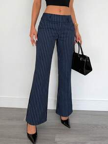 Siren Gaze 女士条纹口袋休闲百搭日常裤 - 藍色 - 查看 3