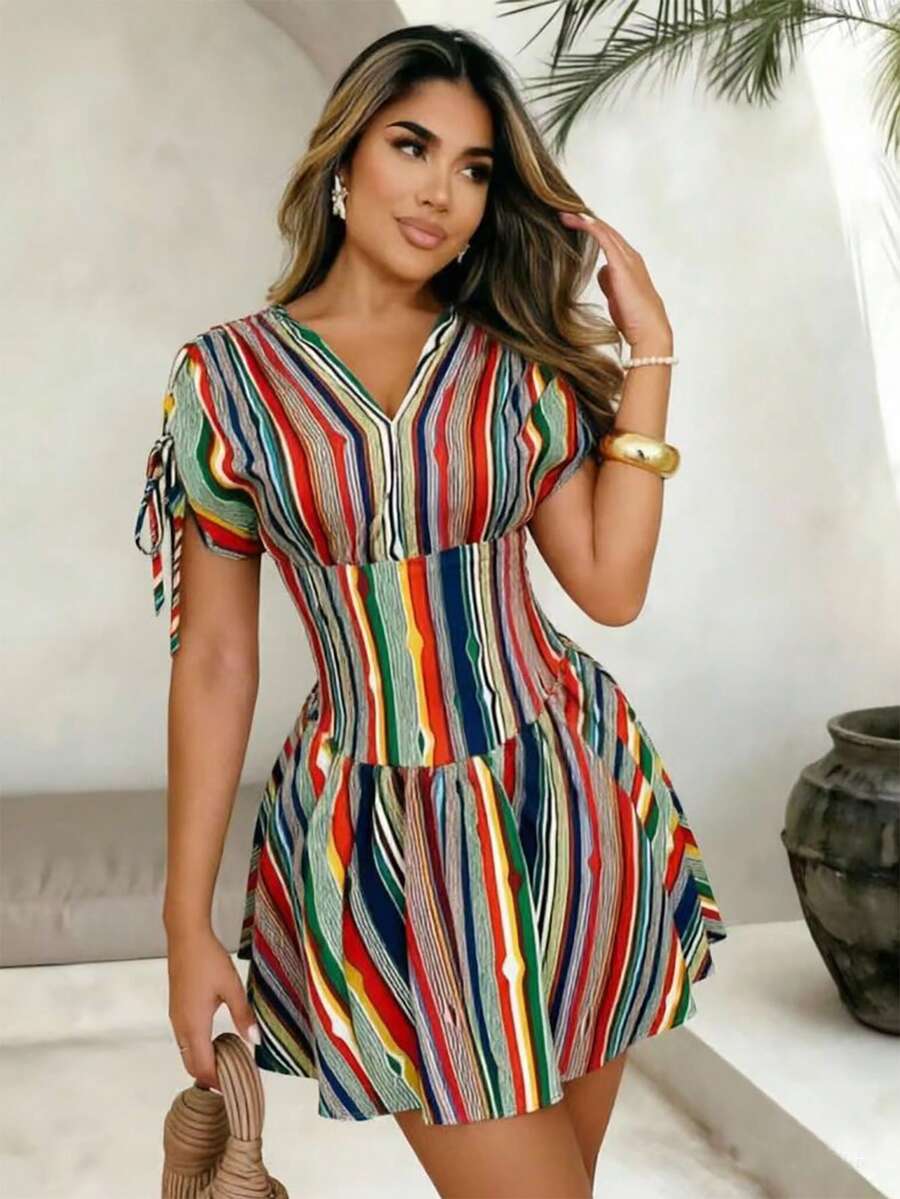 Xyvia Women's Colorful Striped V-Neck Ruched Drawstring Shoulder Sleeve Waist Flared Dress, Elegant Holiday Dress For Spring/Summer - Multicolor - View 1