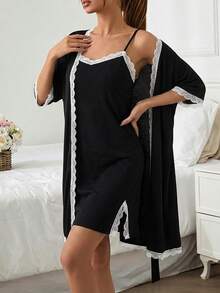 EURMUSE Women 2 Pcs Contrast Colour Lace Detail Nightdress With Robe Pajama Set White Set - Black - View 3