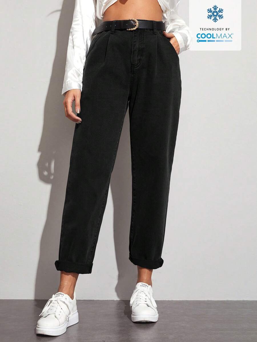 SHEIN ICON 女士休闲宽松纯色斜插口袋锥形牛仔裤 - 黑色 - 查看 1