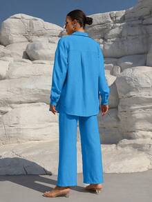 EMERY ROSE Women's Casual Commuter Solid Color Shirt And Pants 2 Pieces Set - Blue - View 2