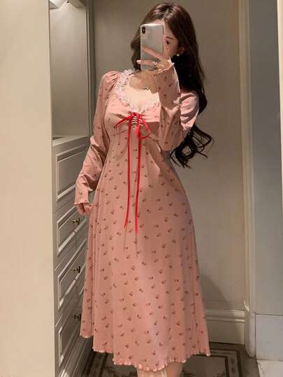 DAZY 甜美碎花蕾丝边中长睡裙（女士款）