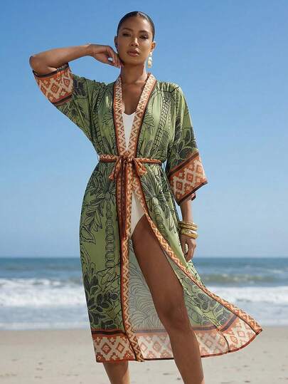 Amorya Elegant Green Coconut Palm Print Kimono Sleeve Cover Up For Beach Vacation