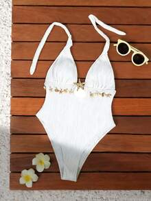 Swim Vcay Áo tắm liền thân hở lưng, cổ yếm, chất liệu có họa tiết, gợi cảm dành cho nữ, thích hợp cho kỳ nghỉ biển, du thuyền hoặc tiệc bể bơi. - trắng - Xem 3