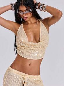 ROMWE Y2K Conjunto de 2 piezas de pantalones sueltos con cuello drapeado decorado con cuentas de madera huecas y lentejuelas, estilo de vacaciones de verano sexy para mujeres - Marrón - Ver 7