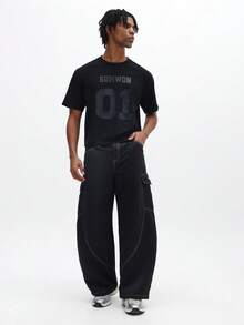 SUMWON Men's Wide Leg Cargo Pants With Contrast Stitching And Multiple Utility Pockets - Black - View 4