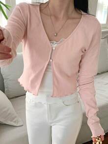 DAZY 女士V领修身系带T恤开衫 - 杏色 - 查看 4