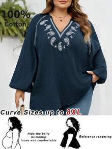 SHEIN CURVE+ Áo thun dài tay dài tay kiểu Bohemian màu trơn, tay lửng, họa tiết Paisley thêu tương phản, dáng suông, size US22, thích hợp cho lễ hội âm nhạc, kỳ nghỉ bên bờ biển, phong cách Bohemia. - Màu xanh lam - Xem 8