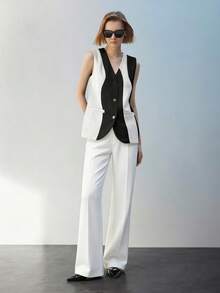 Maija Áo khoác công sở nữ không cổ, cổ chữ V, cài nút, phối hai tông màu, thích hợp cho mùa thu/đông. - Màu be - Xem 3