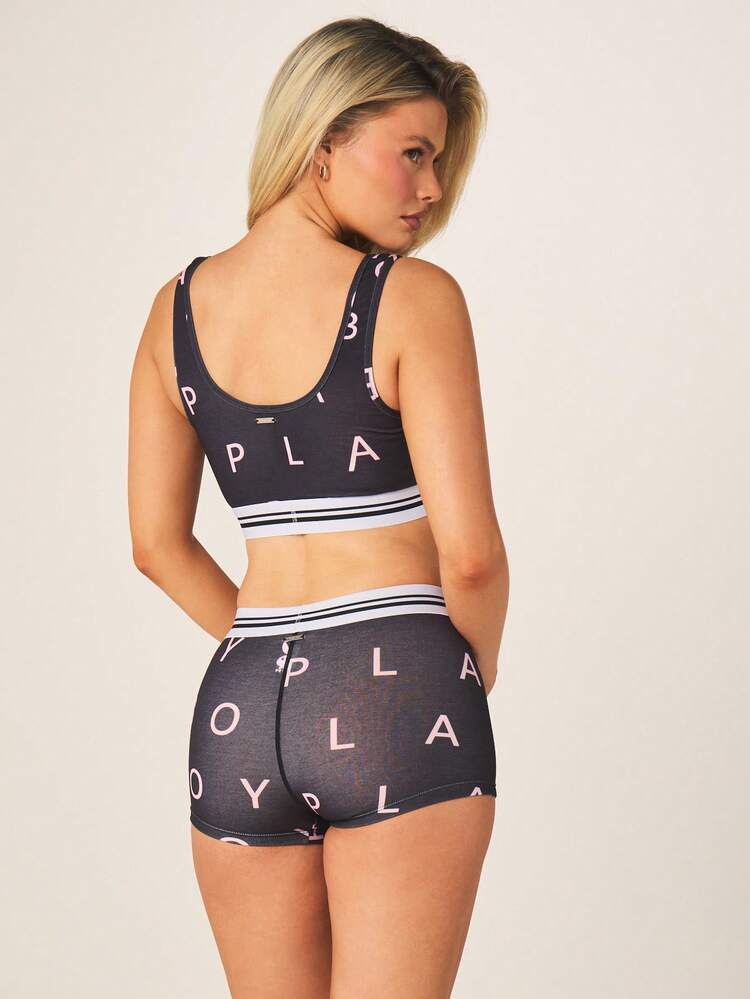 Missguided x Playboy Women's Letter Print Bralette And Shorts Intimate Set With Logo Band Details Matching Sleepwear Lounge Set