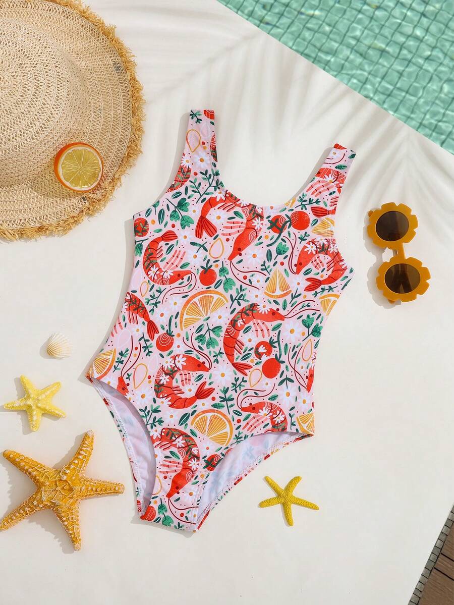 SHEIN Playful Pals 少女夏季海滩度假风植物、水果、虾印花连体泳衣 - 彩色 - 查看 1