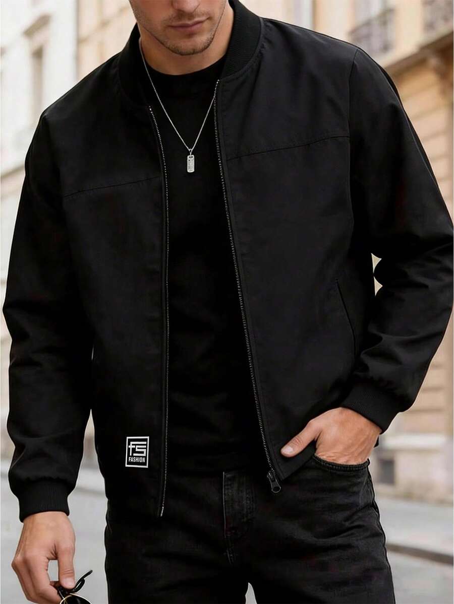 Manfinity Homme Jaqueta Casual de Manga Longa com Zíper e Cor Sólida para Homens - Preto - Visão 1