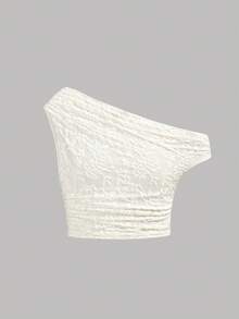 SHEIN Girlism 少女杏色优雅休闲蕾丝边不对称肩短袖T恤和半裙套装 - 杏色 - 查看 6