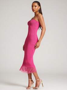 NYA SZN Dress Sleeveless Strapless V Neck Fitted Bodycon Textured Pink Fringe Hem Detail Outfits For Women - Hot Pink - View 5