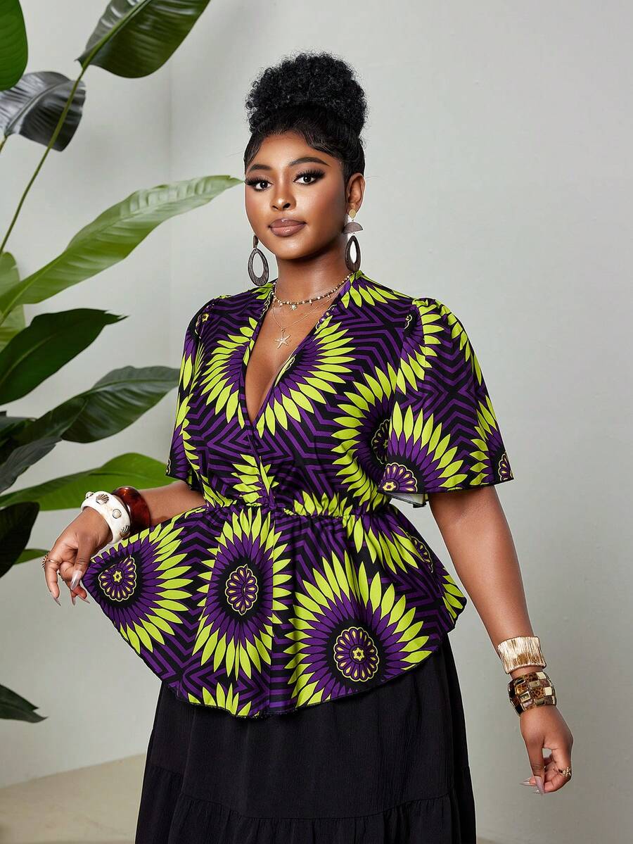 Maweii Purple Autumn Boho Plus Size Plus Size Women Summer Vacation Beach Seaside Wear, Asymmetric Floral Contrast V-Neck, Puffed Sleeves, Elastic Waist Shirt - Multicolor - View 1