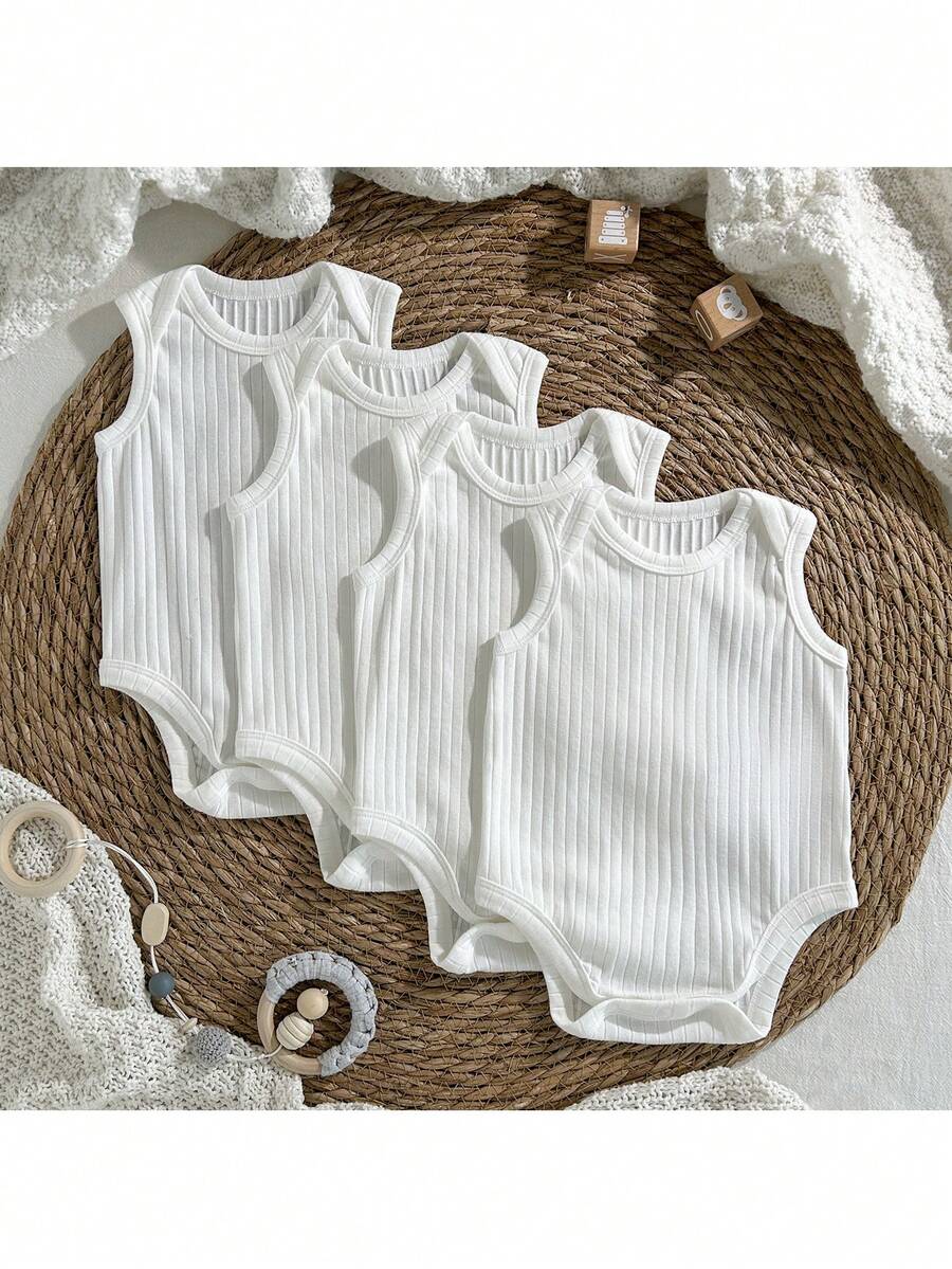 Loomiva Set de 4 piezas de pelele sin mangas de punto suave de unicolor para bebé niña recién nacida - Blanco - Ver 1