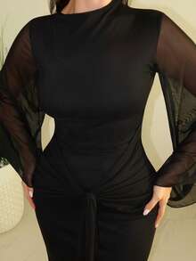 MDEdit 女士宽松薄纱连衣裙，配有系带腰带和飘逸袖子 - 黑色 - 查看 3