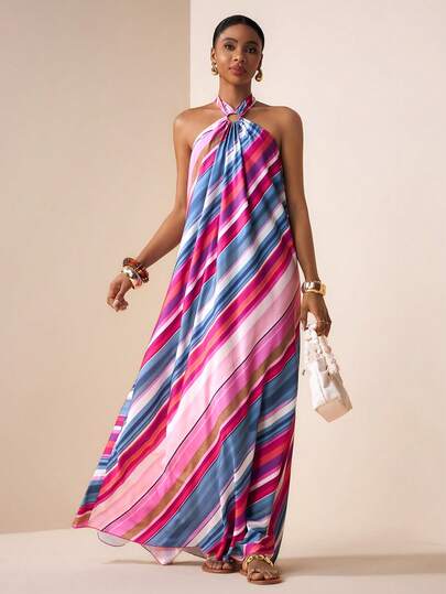 Zivah 2026春夏新品，情人节、音乐节、复活节、西部风、游牧风、波西米亚风、纳什维尔风格派对、婚礼、正式活动、约会、聚会、生日、大学、学生、日常穿着、百搭基础款、休闲、度假、邮轮旅行、海滩、日光浴、爆款、优雅、通勤、商务休闲露背吊带金色搭扣装饰性感露背宽松A字长裙、彩色条纹连衣裙、春夏连衣裙、派对连衣裙、性感连衣裙、休闲连衣裙、度假连衣裙、女装