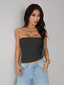 SHEIN PETITE Women's Solid Color Ruched Side Slit Hem Bandeau Top,Summer Top - Grey - View 7