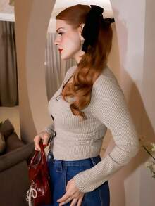 Gretanique Women's Square Neck Bow Asymmetrical Long Sleeve T-Shirt - Apricot - View 5