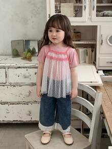 Dazy Kids 女童圆领长袖T恤+韩版网纱吊带背心 - 淺粉色 - 查看 5