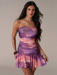 SHEIN BAE Women's Casual Vacation Mesh Pattern Print Ruched Hem A-Line Mini Dress, Suitable For Beach Vacation, Sisterly Vacation, Casual Outing, Sisterly Dates, Romantic Dates, Casual Vacation, Strapless Pattern Dress, Music Festival, Sexy & Cute Dress, Ombre Pink Dress - Pink - View 1