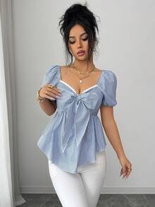 Elenzga New Arrival French Blue & White Striped Stylish Minimalist Design Square Neckline Bow Tie Waist Flattering Puff Sleeve Casual Everyday Blouse For Women - Blue and White - View 7