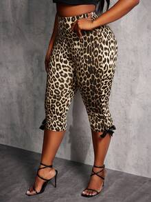 SHEIN SXY 2pcs/Set Plus Size Women's Leopard Print & Chocolate Brown Capri Pants With Bow Decor,Summer Casual Country Everyday Mid-Waist Elastic Capri Pants Set - Brown - View 7