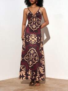 Zivah 夏季新款热销波西米亚风度假印花吊带V领镂空A字长裙。适合度假、旅行、日常出行、派对、音乐节、海滩、假日、机场时尚、邮轮、下午茶等场合。 - 彩色 - 查看 6