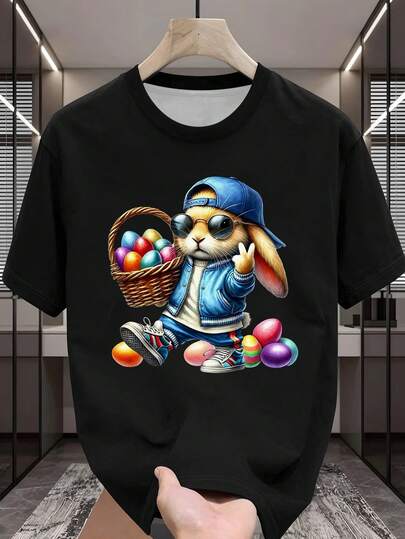 Manfinity Homme Men's Summer Holiday Black Colorful Easter Bunny Rabbit Egg Basket Graphic Print T-Shirt Vintage Streetwear Cartoon Cool Hip Hop Sunglasses Baseball Cap Animal Funny Casual Crew Neck Short Sleeve Loose Fit Urban Party Festival Celebration Tee Top,Men's Easter Bunny Print Short Sleeve T-Shirt
