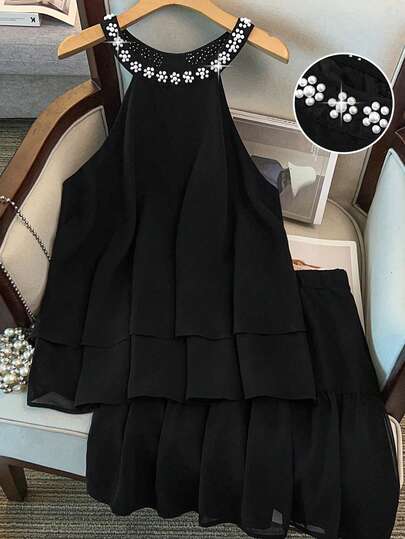 GlowEve CURVE Plus Size Women's Halterneck Accessories Pearl Solid Color Elegant Short Skirt Two Pieces Set