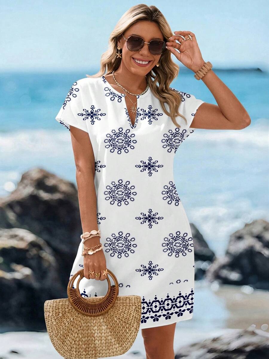 Sylviya Đầm ngắn cổ chữ V tối giản, phong cách thường ngày dành cho nữ, thích hợp cho mùa xuân/hè. - Xanh và trắng - Xem 1