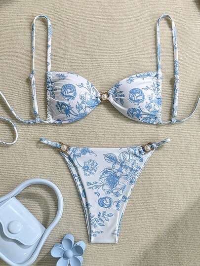 Swim Mod 2026新款加大码女士时尚性感夏季数码印花吊带比基尼套装，沙滩装