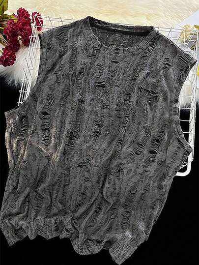 Manfinity LEGND Men's Street-Style Distressed Textured Jacquard Crew Neck Sleeveless Fashion Tank Top