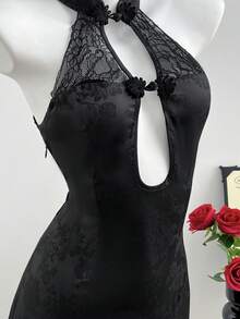 Elamini Vestido Qipao de verano para mujer, con encaje elegante y contraste, con botones y calado - Negro - Ver 5